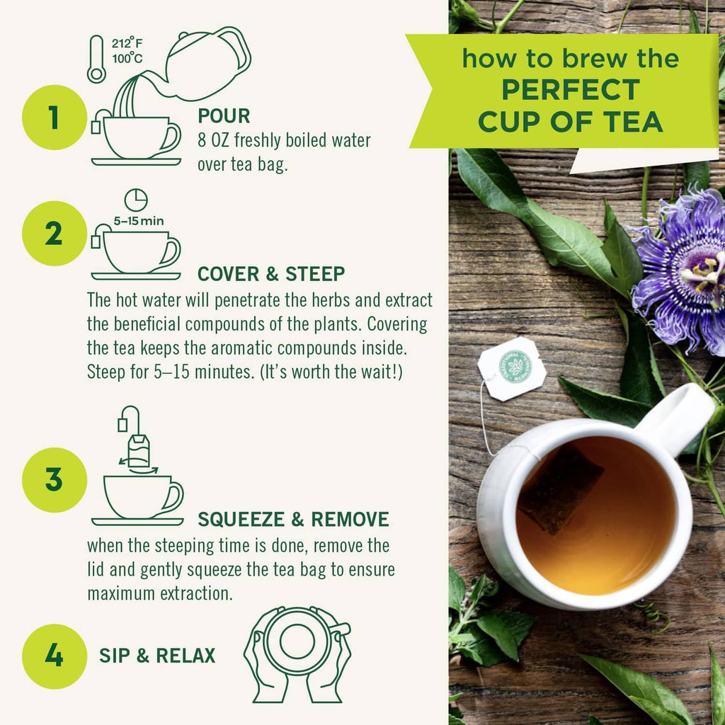 Herbal tea box how-to-brew infographic with cup, steeping steps, and tea leaves