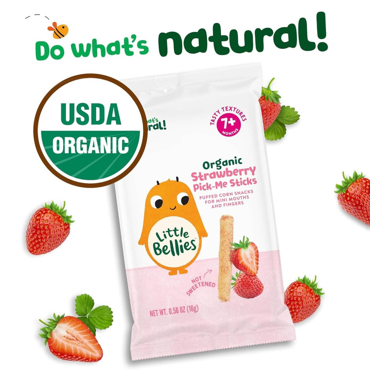 Little Bellies organic strawberry pick-me sticks pouch with USDA Organic seal