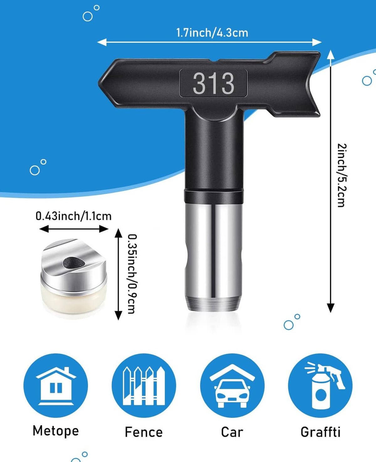 313 airless spray nozzle tip, black top with silver stainless body and seal cap
