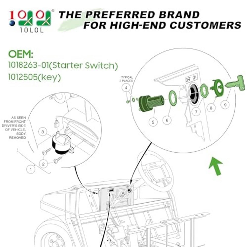 Ignition key switch diagram with OEM part numbers and key cylinder detail