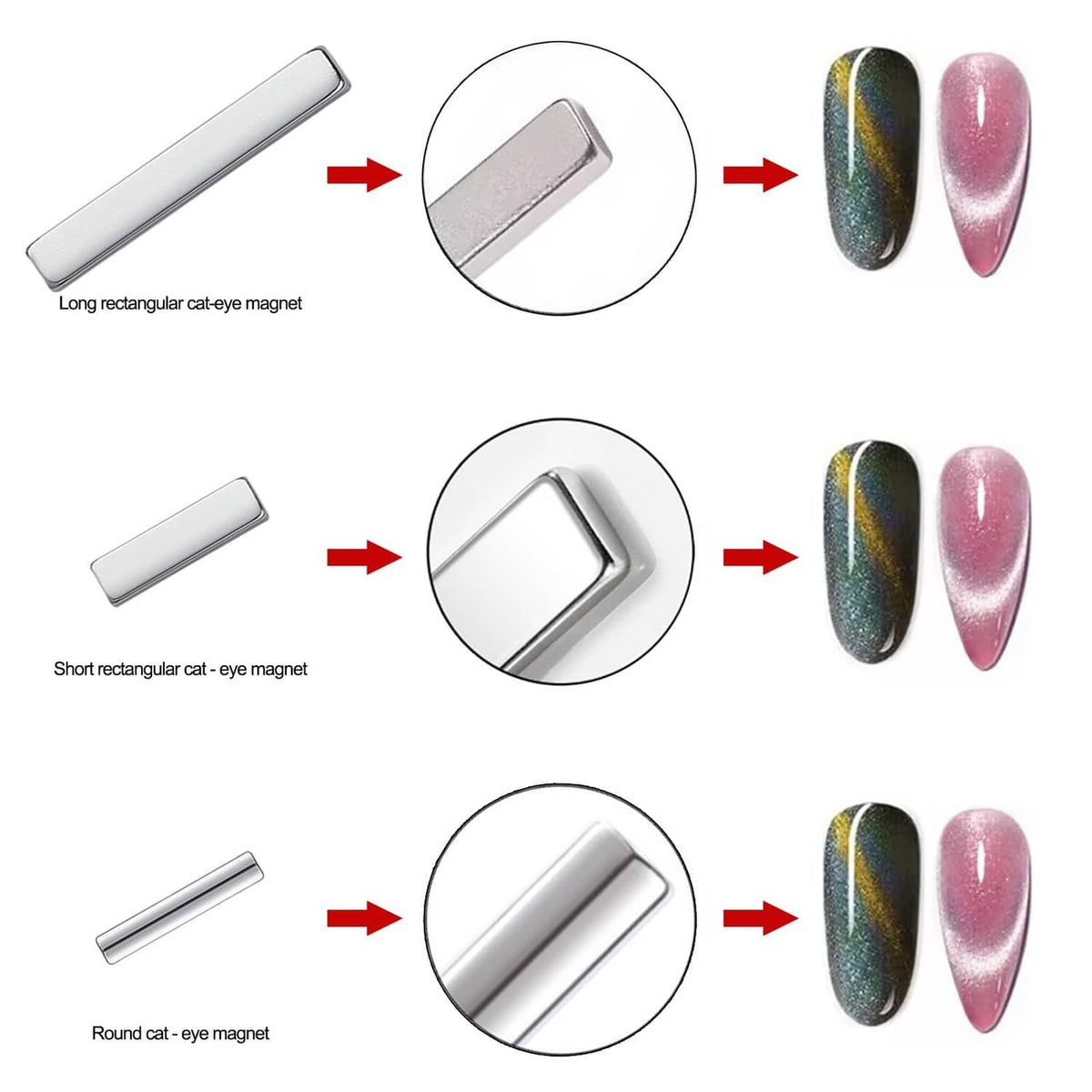 Cat-eye magnet set with long, short, and round magnets and holographic nail swatches