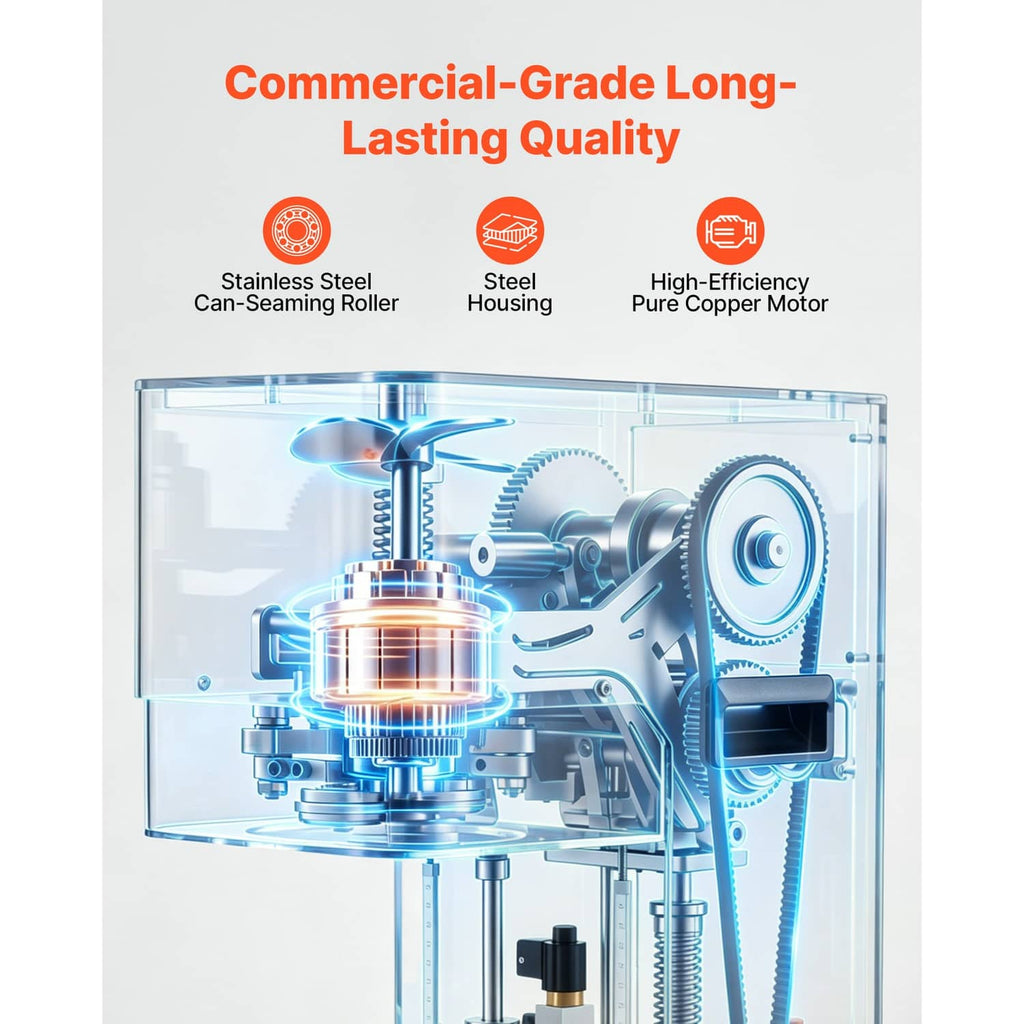 Transparent cutaway view of an automatic can sealing machine, showing internal gears.