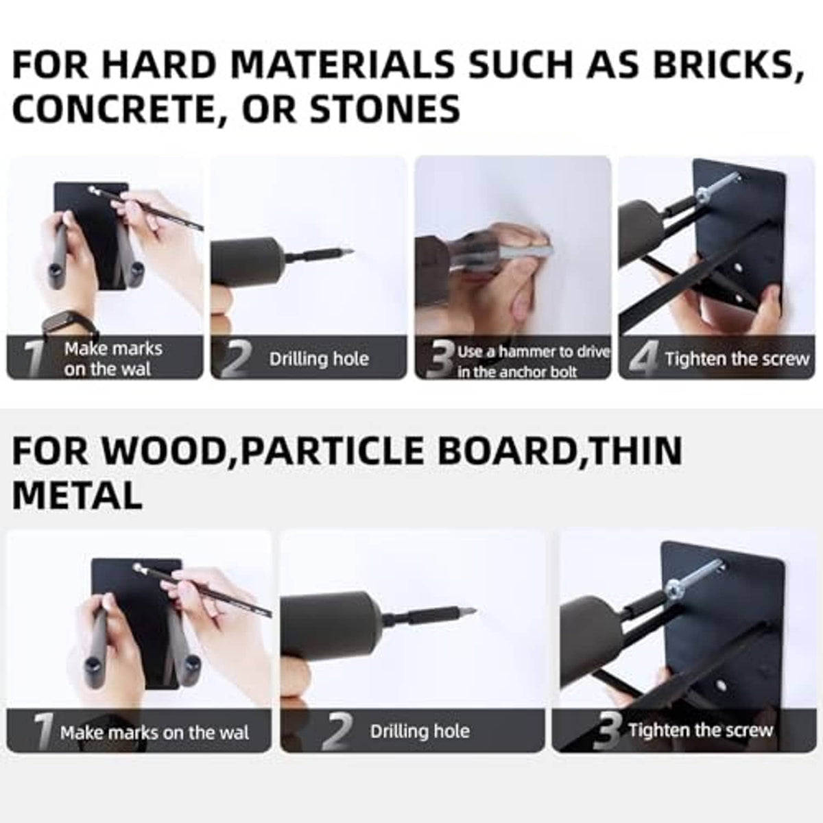 Garage hook installation steps with mounting bracket and fasteners