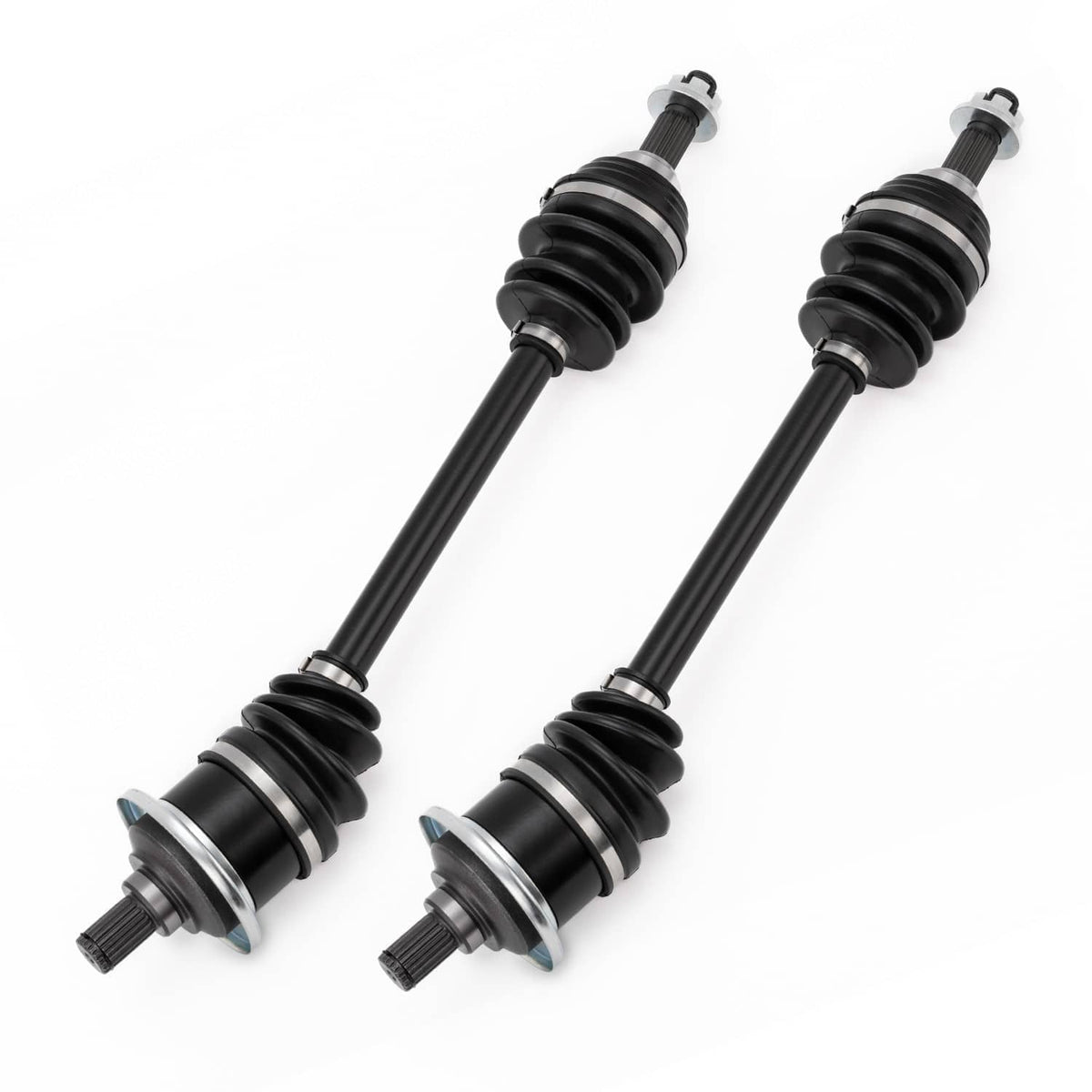 CV joint axle pair with black boots and silver ring clamps at the inner joints