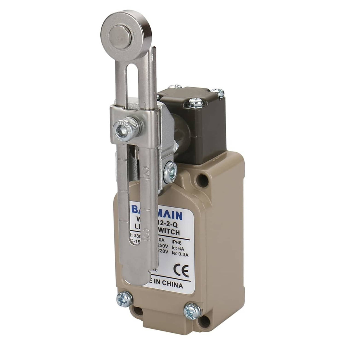 Adjustable roller lever limit switch side view with beige housing and metal plunger