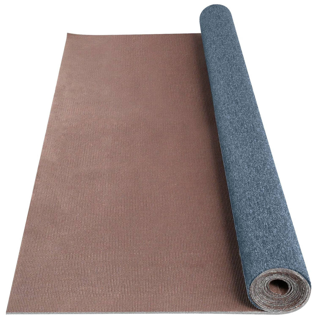 Rug roll showing blue top pile and brown underside backing with rolled edge.