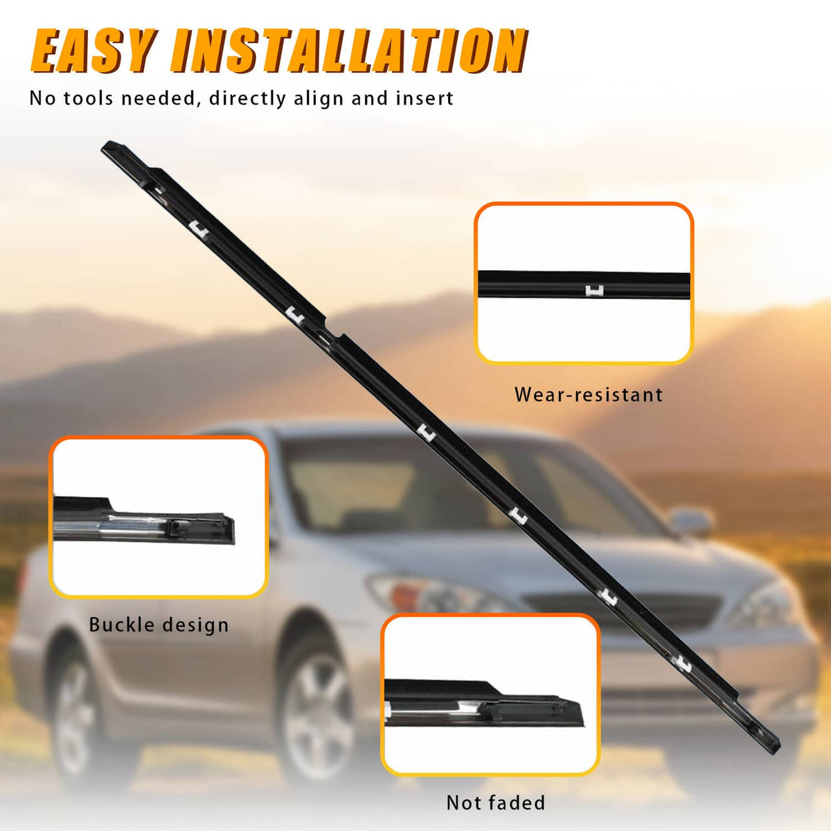 Window molding trim weather strip with black rubber edge and clip-style fasteners