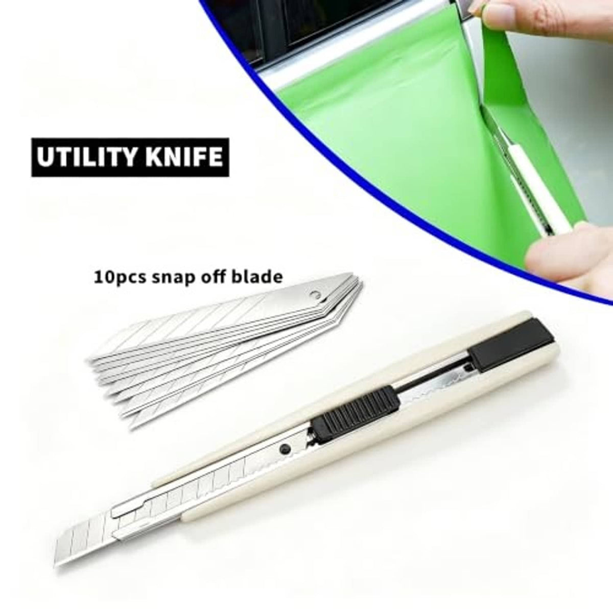 Utility knife with 10 snap-off blades for trimming vinyl wrap and film