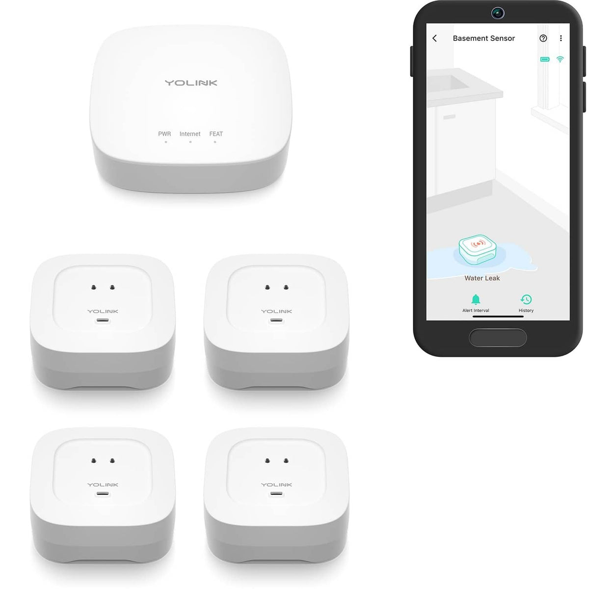 White water leak hub and four compact white leak sensors, starter kit components.