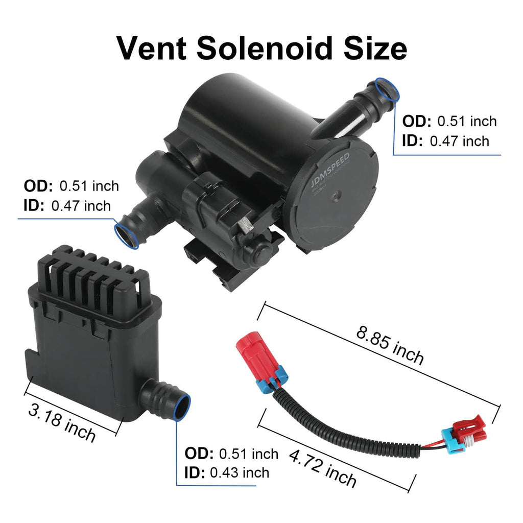 Evap vent solenoid with black housing, blue/red electrical connectors, and vacuum ports