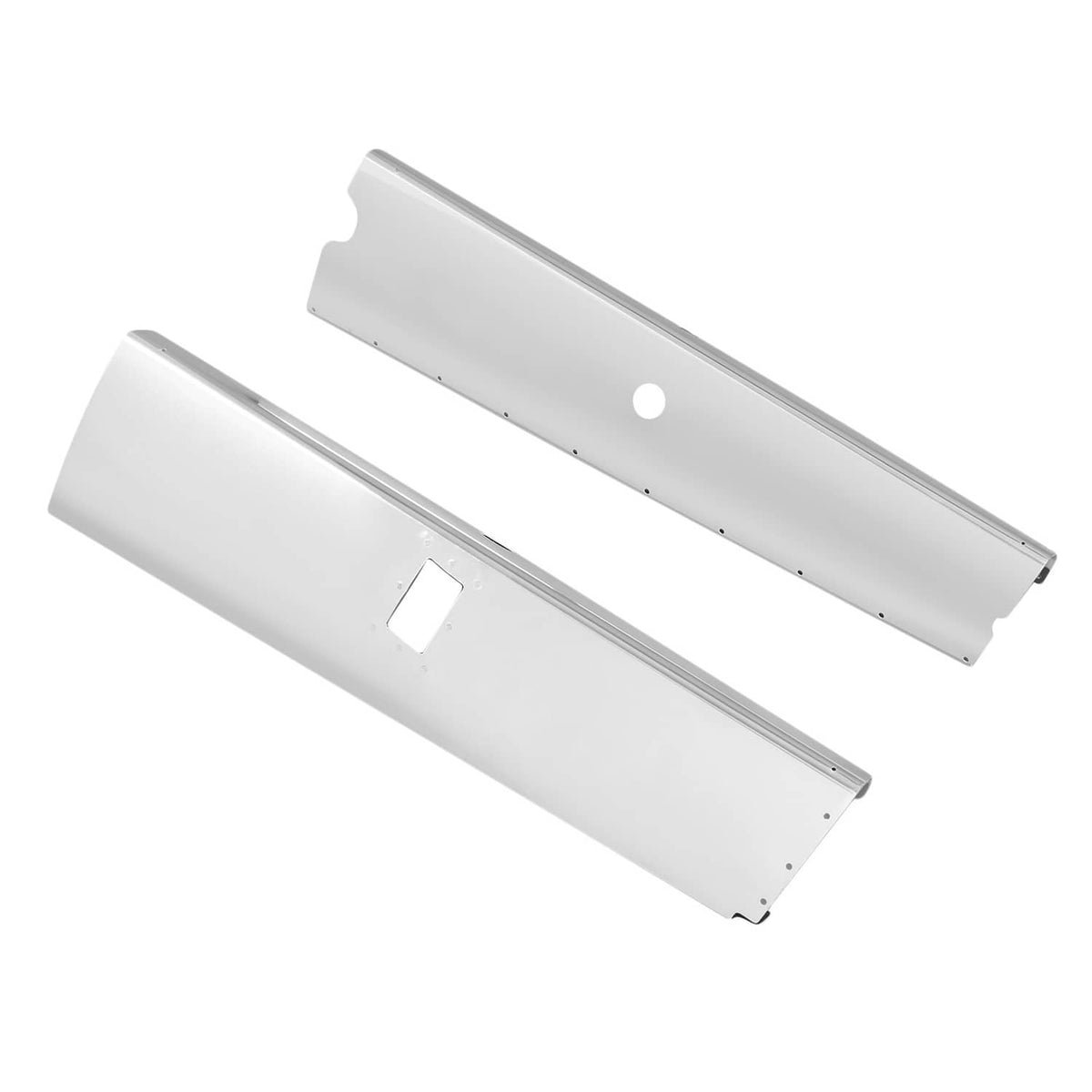 Silvery aluminum landing gear fairing panels, two-piece set with cutouts and holes