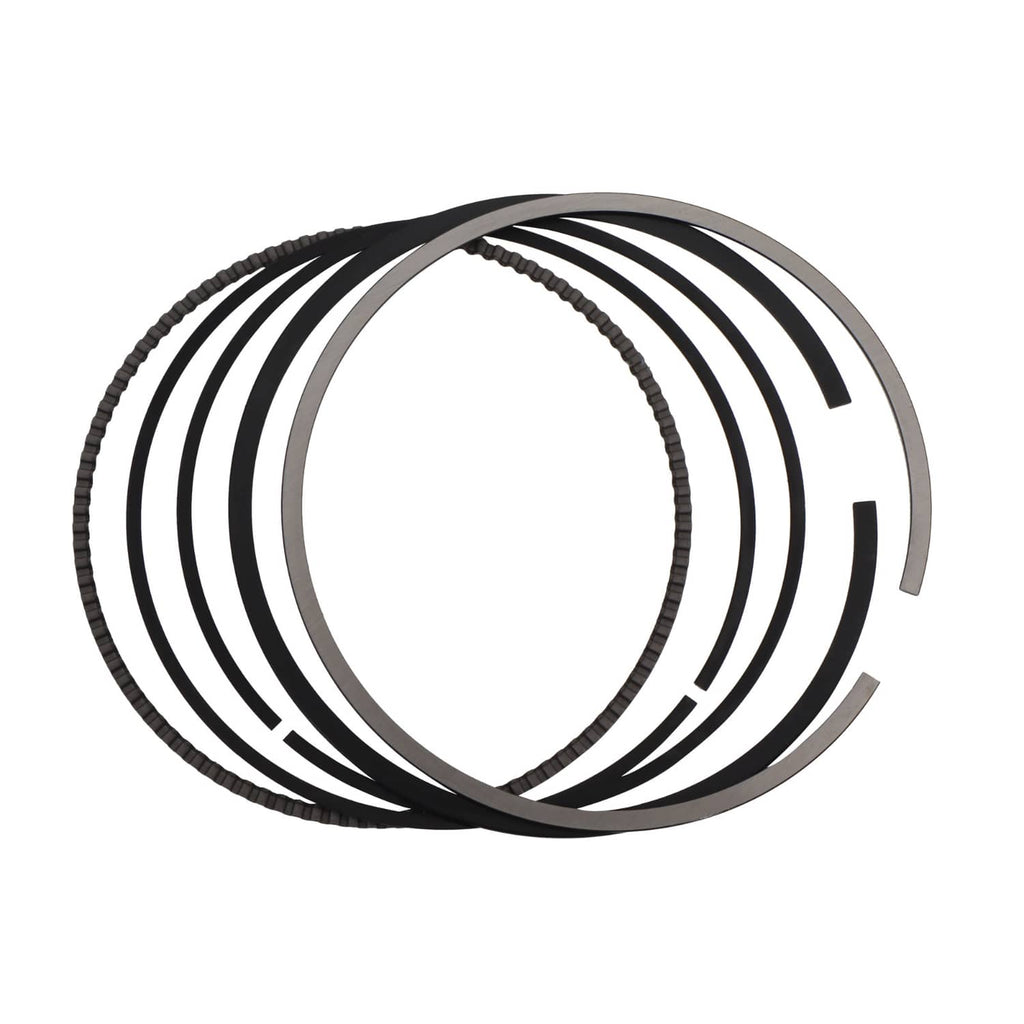 Set of piston rings and cylinder gasket pieces, black and silver metal circular rings