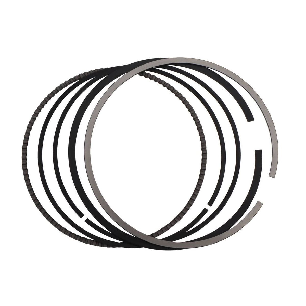 Set of piston rings and cylinder gasket pieces, black and silver metal circular rings