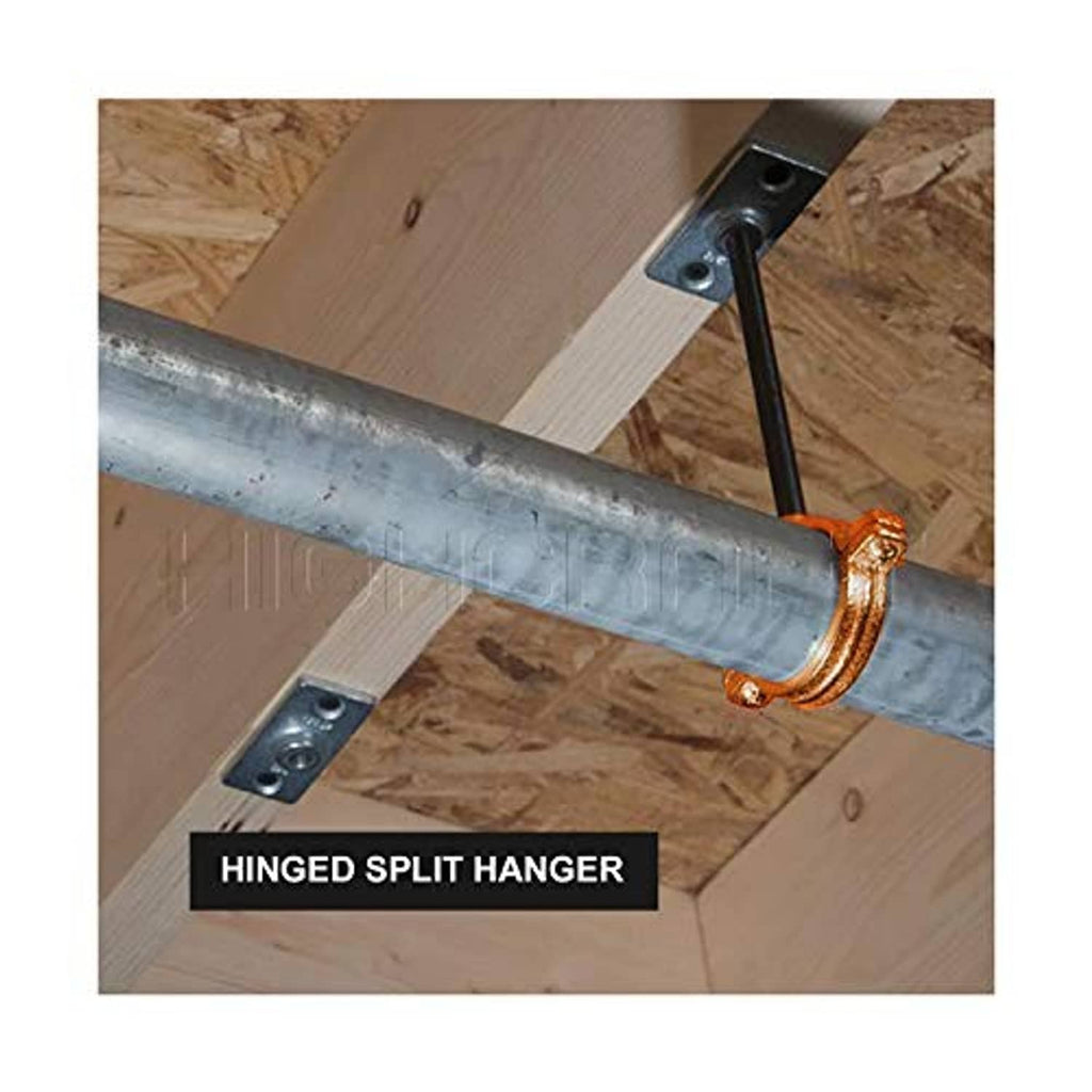 Orange hinged split ring pipe hanger securing a galvanized pipe under ceiling