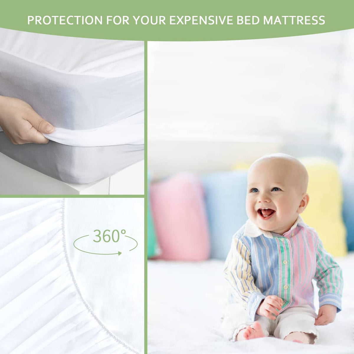 Waterproof mattress protector with elastic corners for wraparound 360° fit