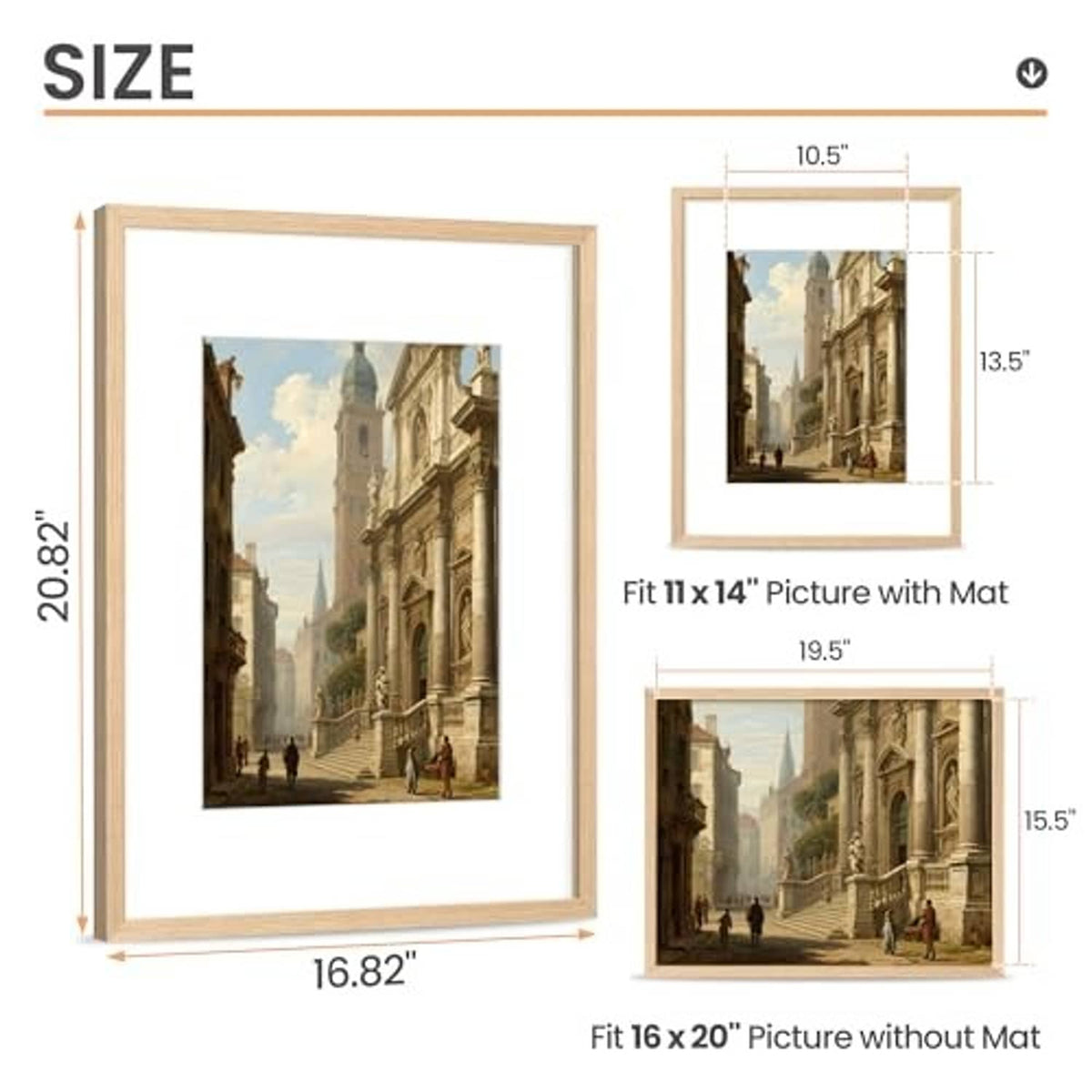 Natural wood 16x20 picture frame set, size diagram showing mat and no-mat fit options
