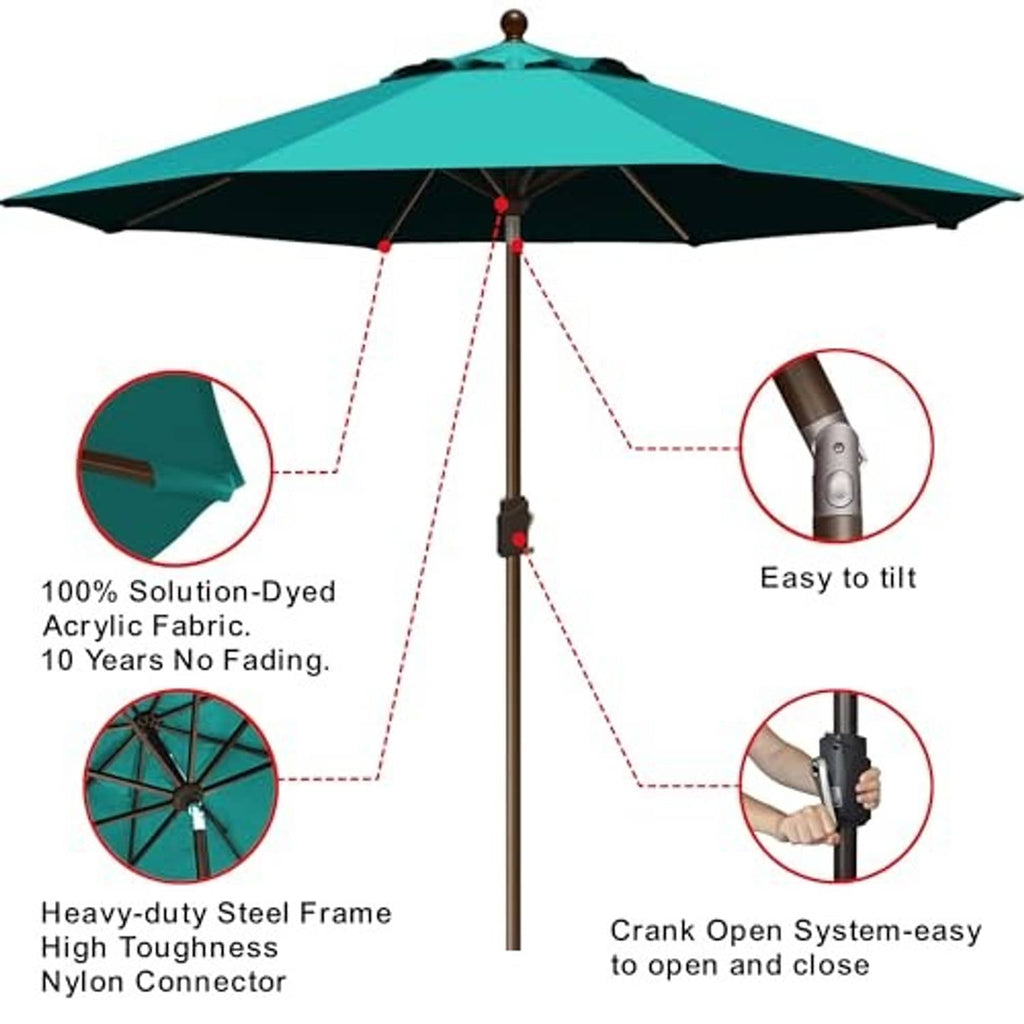 Teal market patio umbrella with easy tilt crank open/close mechanism details