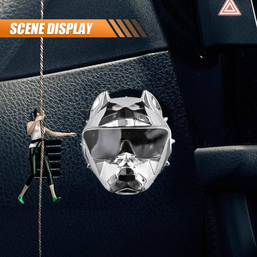Silver zinc alloy push-start button cover with bulldog face design on car console