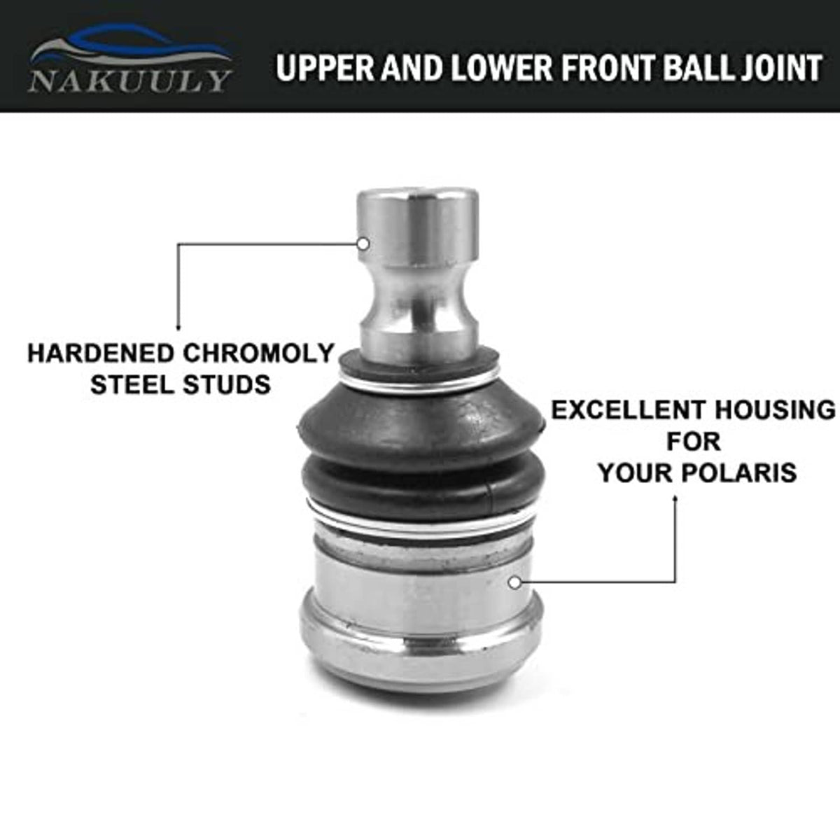Front upper and lower ball joint with black rubber boot and chrome metal housing