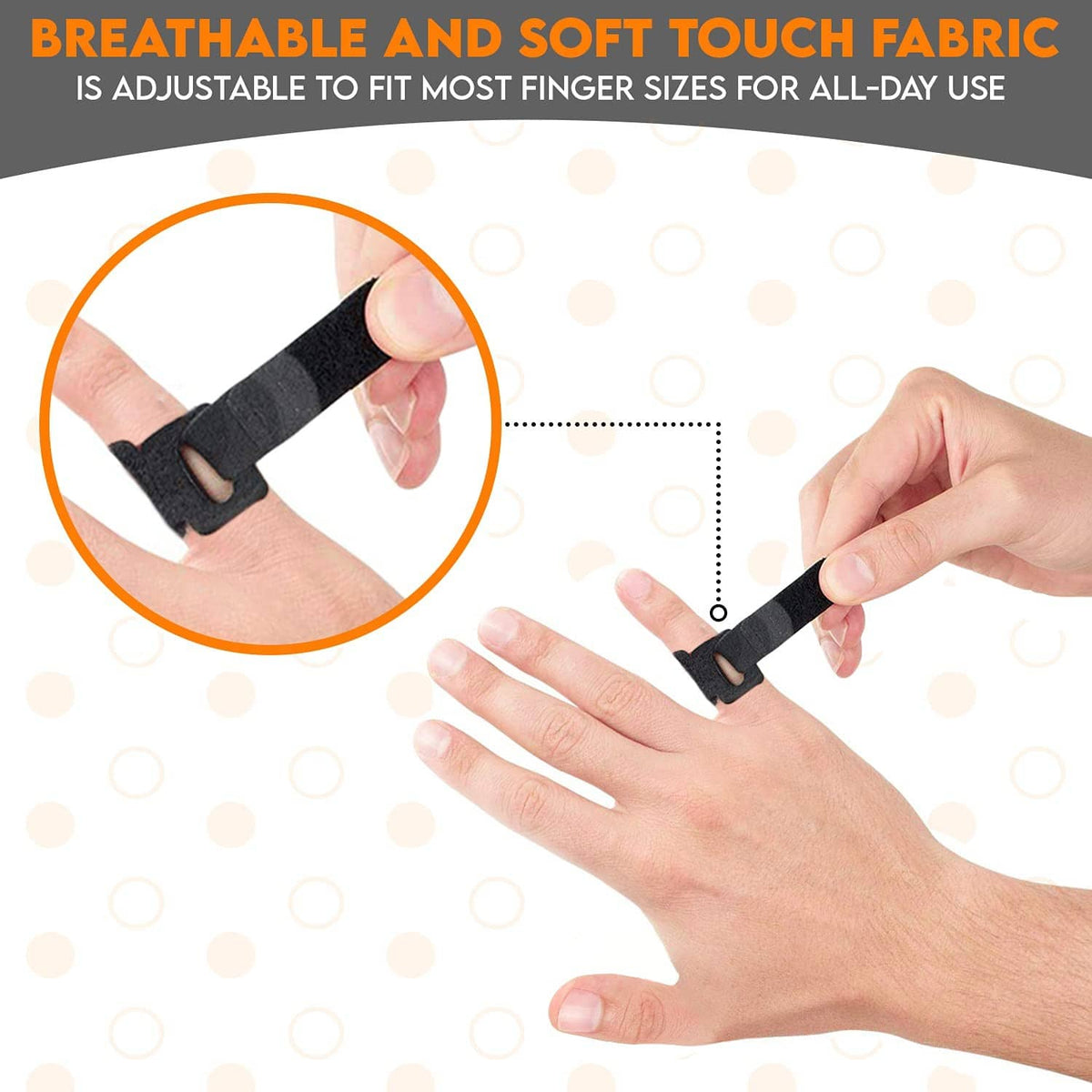 Adjustable black finger splint brace with hook-and-loop strap on a finger.