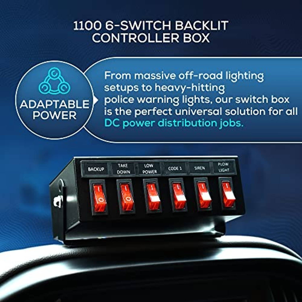 6-switch backlit controller box with black faceplate and red lit rocker switches