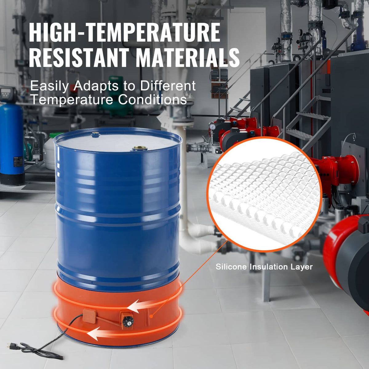 Blue drum heater wrap with orange base and detailed silicone insulation layer