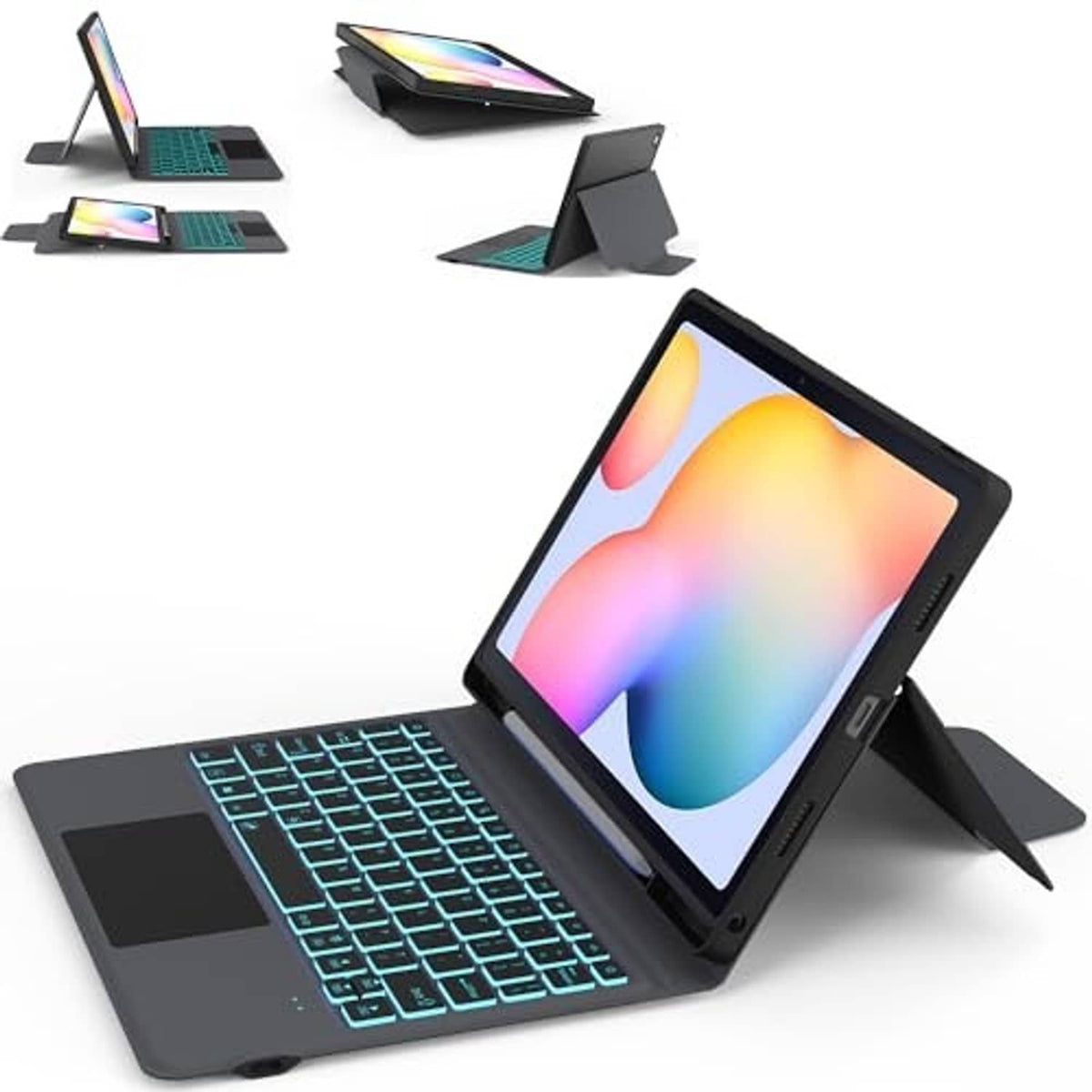 Black Galaxy Tab S6 Lite keyboard case with angled stand and blue backlit keys