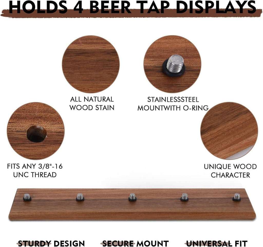 Brown wooden beer tap display board with four mounting points and 3/8-inch UNc thread