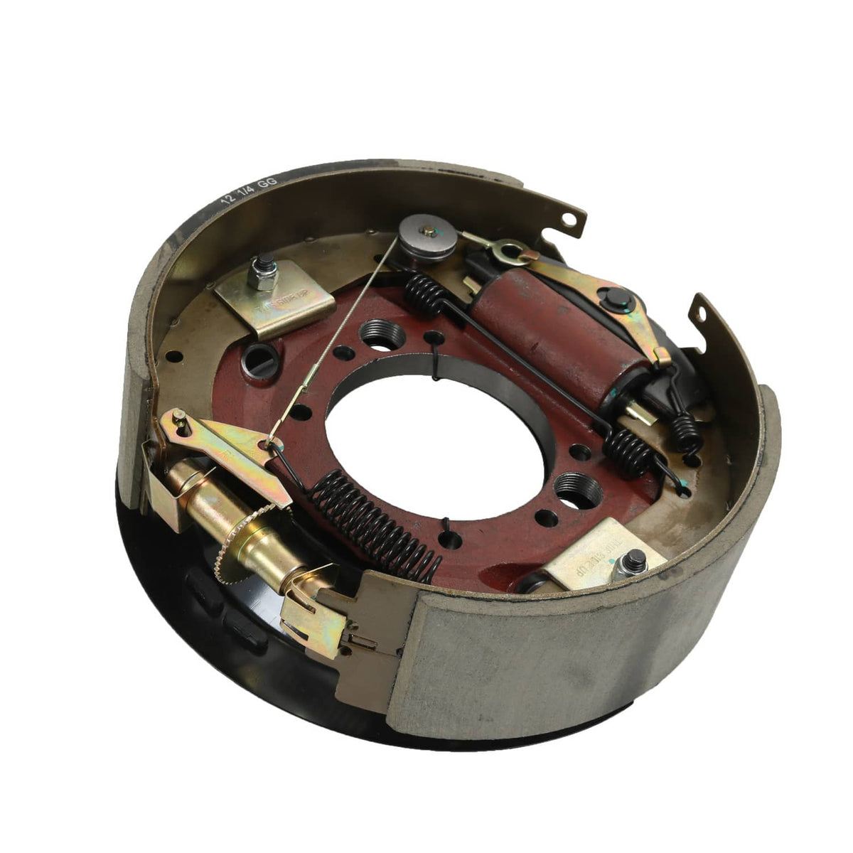 Hydraulic trailer brake drum assembly with brass-colored adjuster components and springs