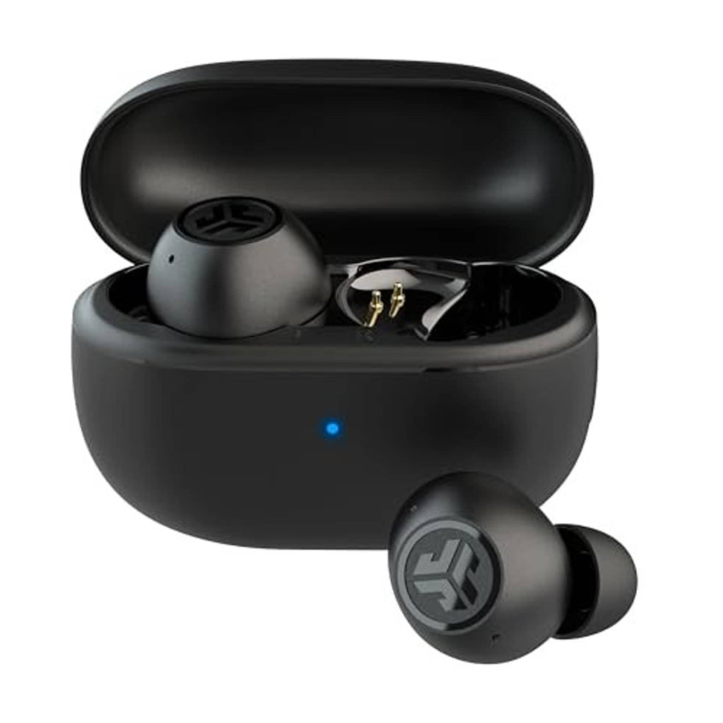 Black true wireless earbuds with charging case open, earbuds angled forward
