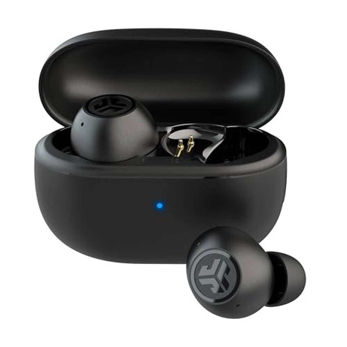 Black true wireless earbuds with charging case open, earbuds angled forward