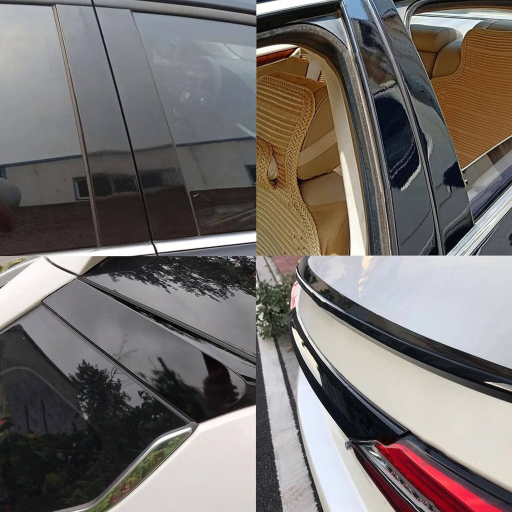 Gloss black vinyl wrap applied to car grille trim with shiny mirror finish
