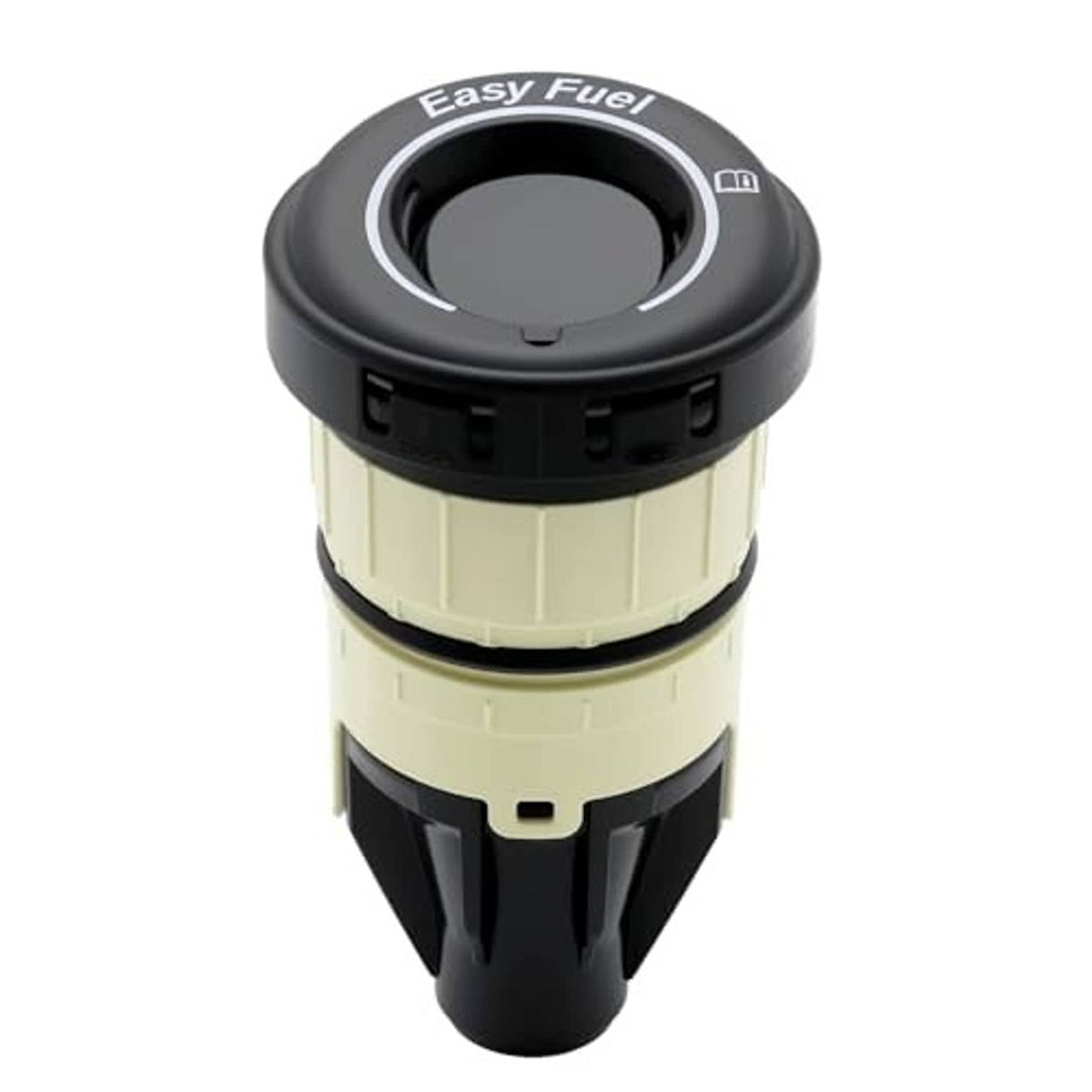 Fuel tank cap without cover, black cap with beige ribbed body and circular opening
