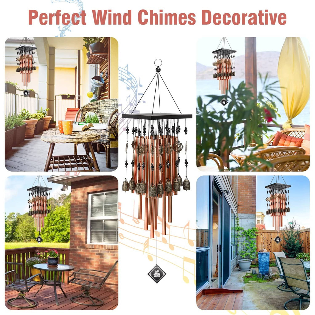 Bronze wind chime with copper tube rods and dark bead strings for outdoor decoration