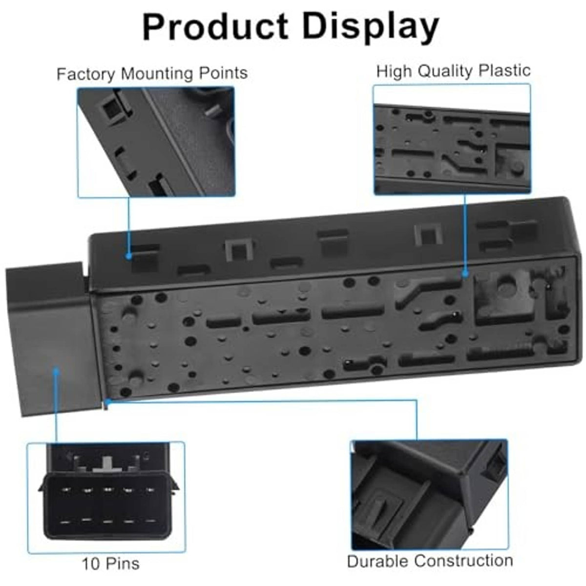 Power seat adjust switch housing with visible mounting points and connector side