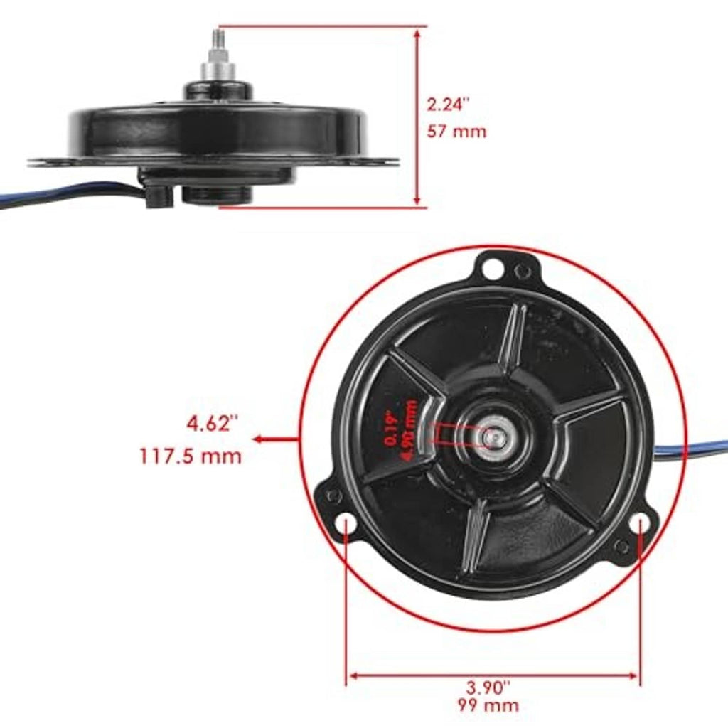 Radiator cooling fan motor with dimensions diagram for round black housing
