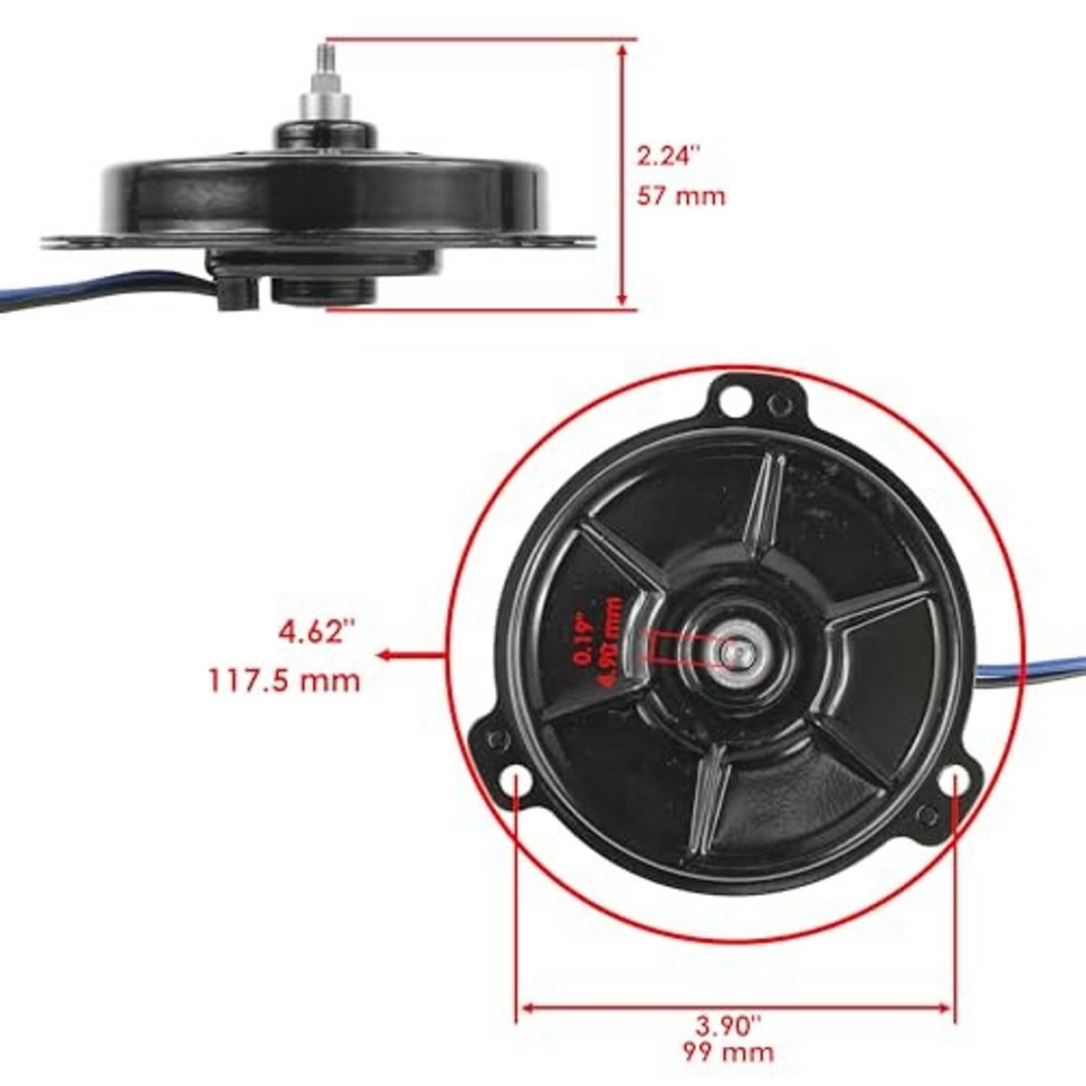 Radiator cooling fan motor with dimensions diagram for round black housing