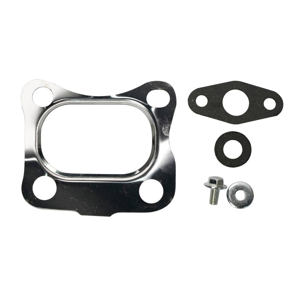 Turbocharger gasket set with metal gasket and rubber seals, plus bolts