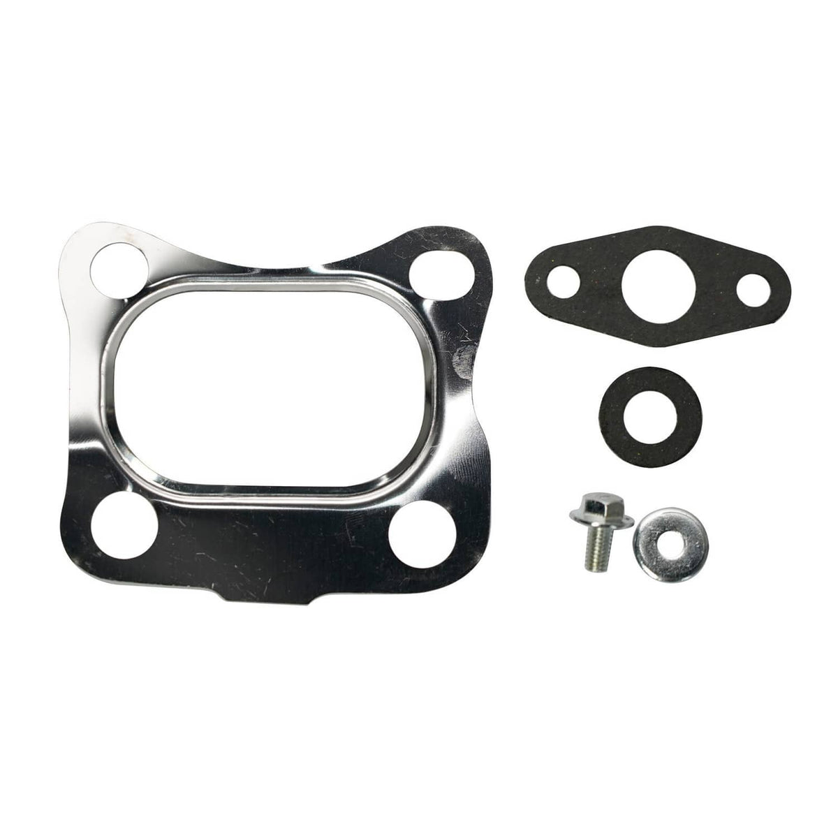 Turbocharger gasket set with metal gasket and rubber seals, plus bolts