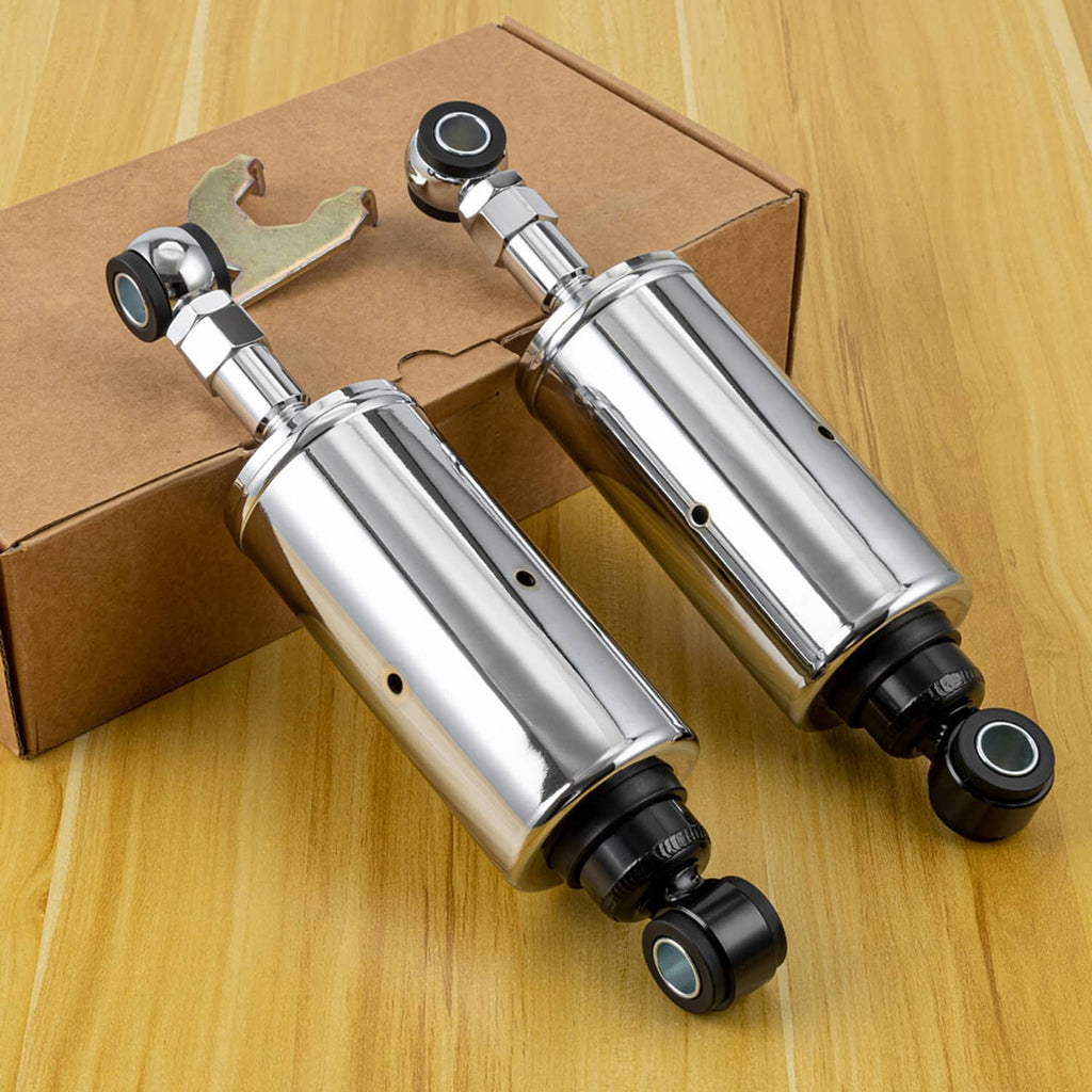 Set of two chrome adjustable lowering shocks with black rubber bushings and mounting ends