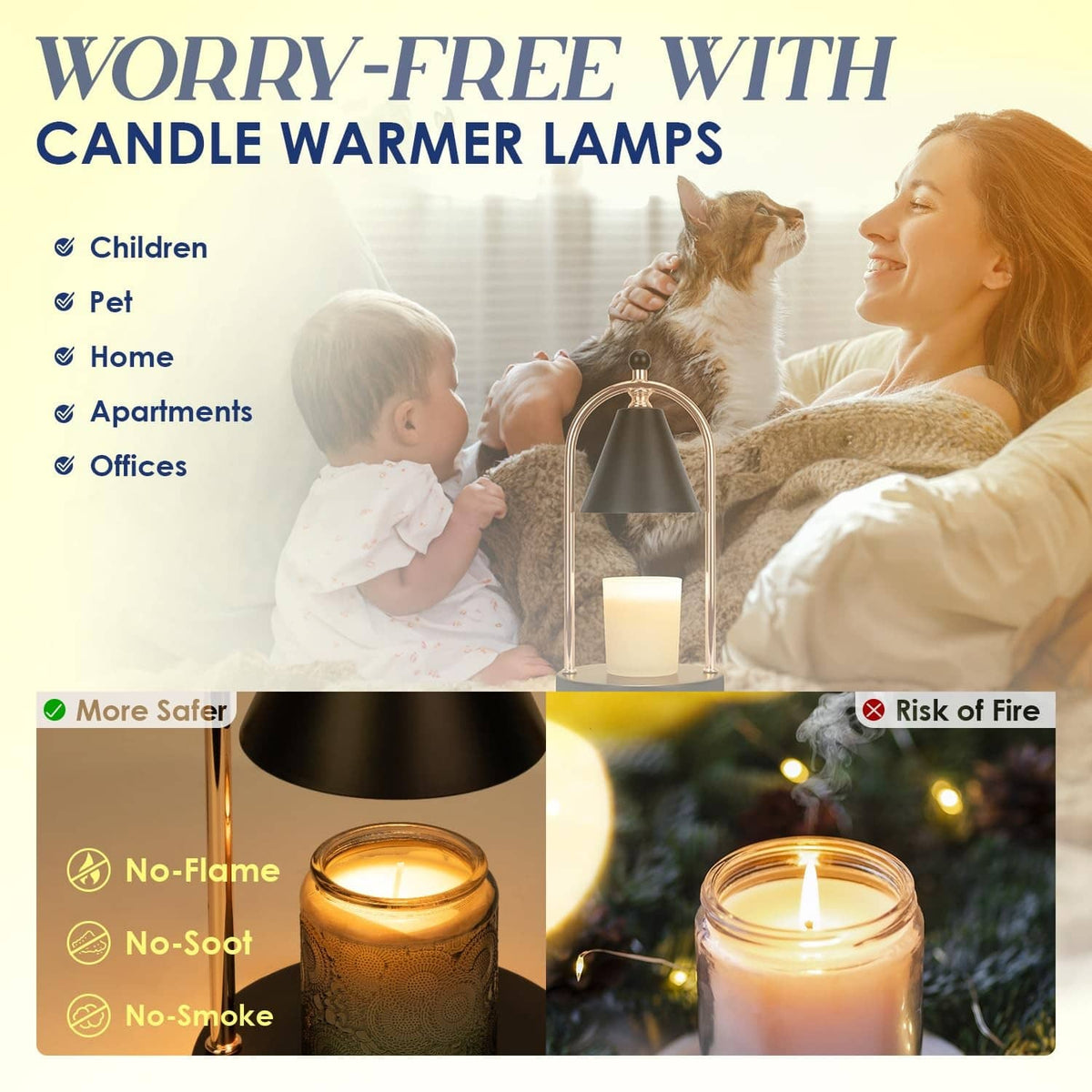 Electric candle warmer lamp with black shade and arched stand, showing a lit candle