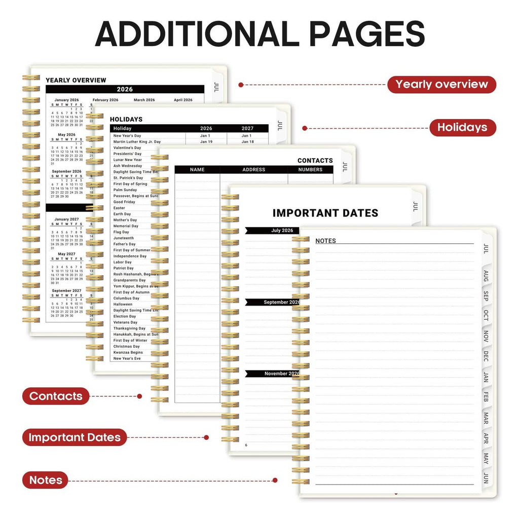 Additional planner pages showing yearly overview, holidays, contacts, and notes