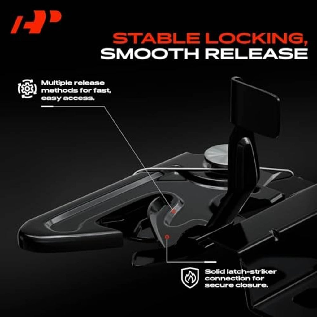 Hood latch lock striker and latch handle mechanism with secure closure