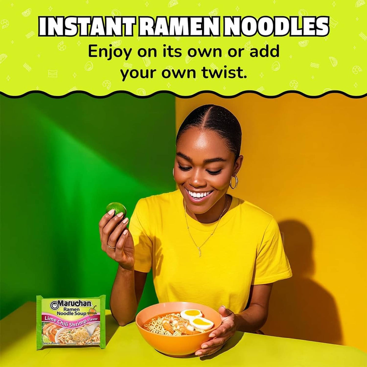 Maruchan instant ramen noodle soup packet, lime chili shrimp flavor callout