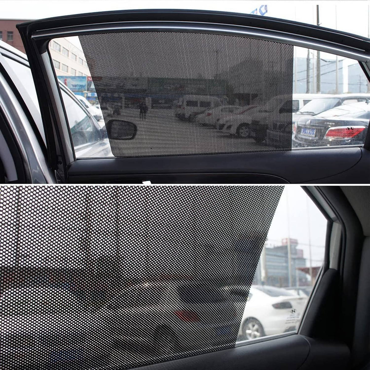Black perforated mesh sunshade film covering rear side window, static cling