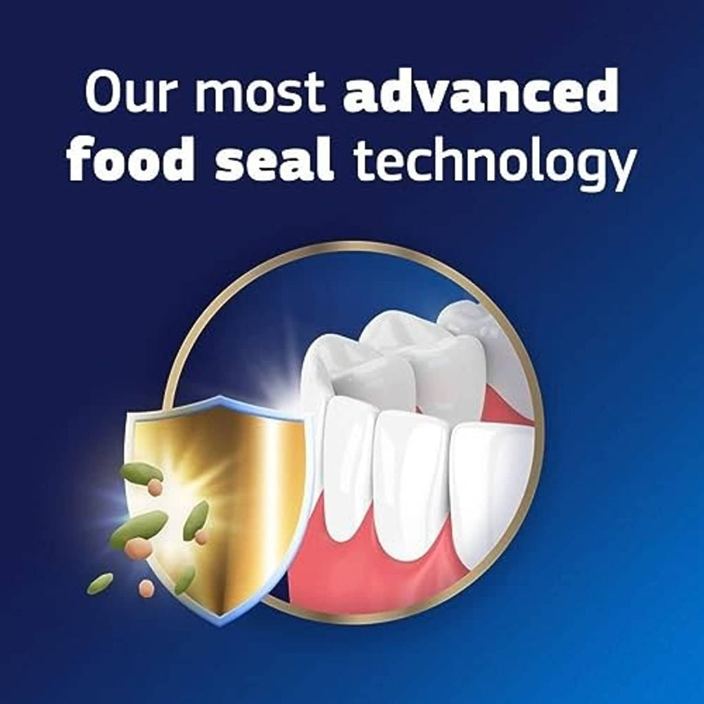 Max hold denture adhesive shield technology illustration with denture and food seal