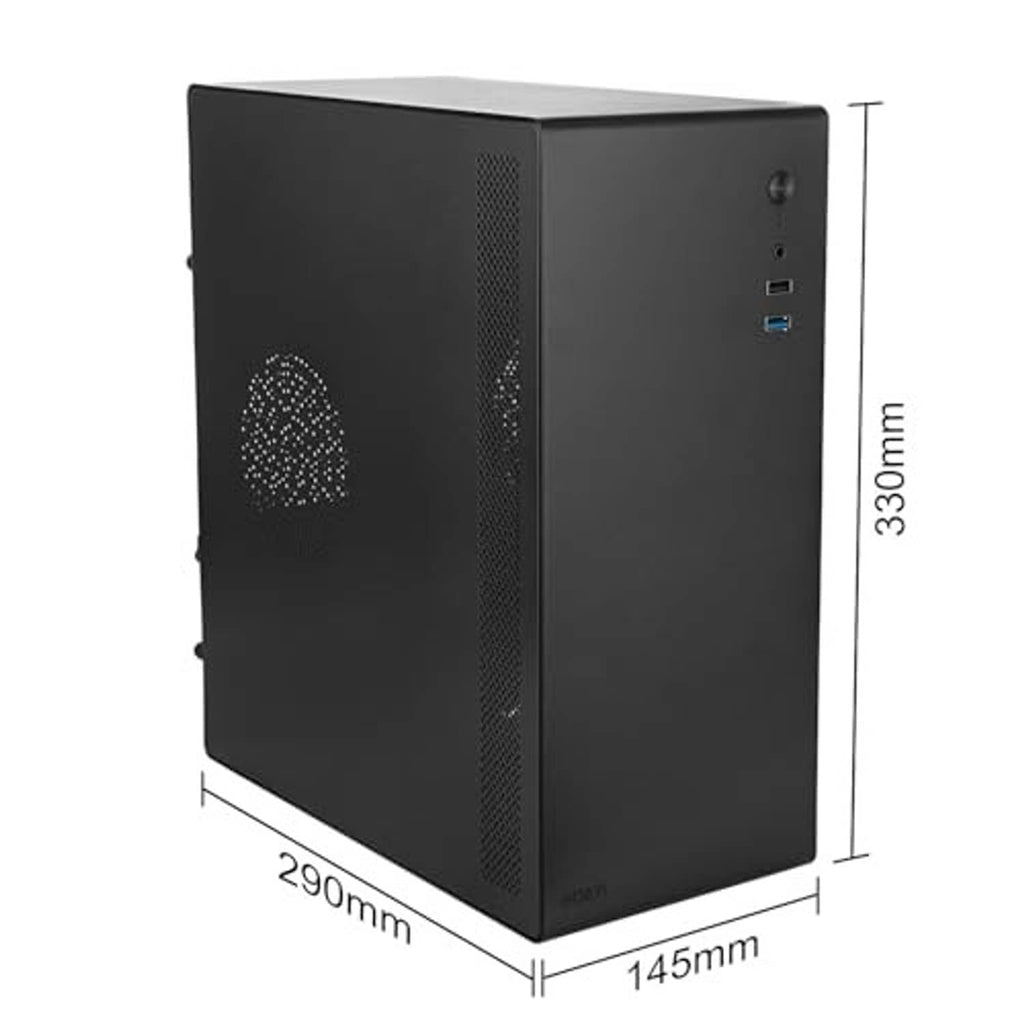 Black micro-ATX desktop computer case with front USB ports and tall rectangular frame