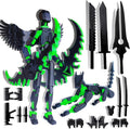 Robot action figure set with dark armor, bright green accents, and sword accessories