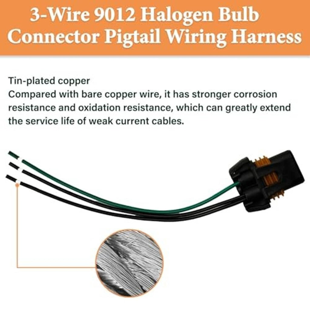 3-wire halogen bulb socket connector pigtail wiring harness with black connector and wire strands