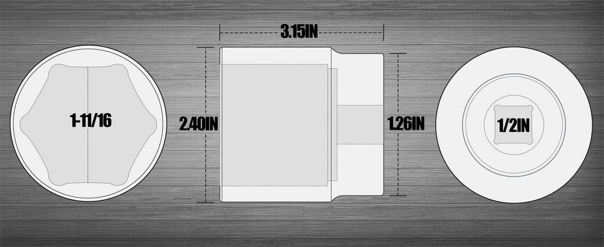Diagram of 1-11/16 deep impact socket showing 1/2-inch drive dimensions